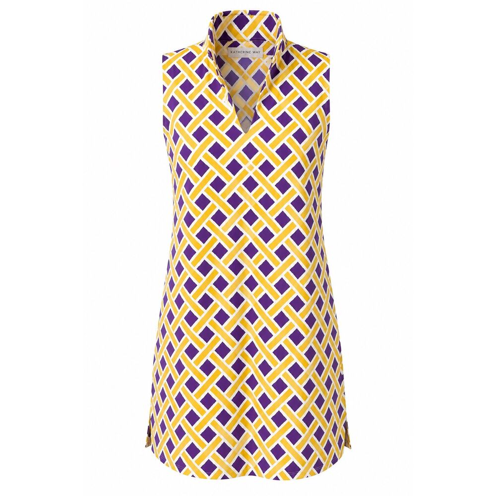 Katherine Way Sleeveless Shift Dress Purple Gold Geometric Print Women’s Size MD